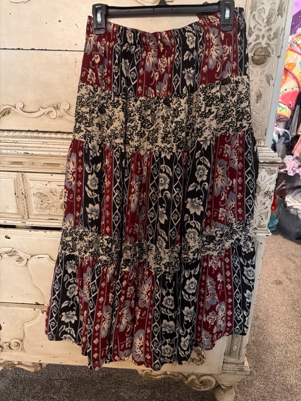 Bohemian Tiered Floral Maxi Skirt in Burgundy and Black